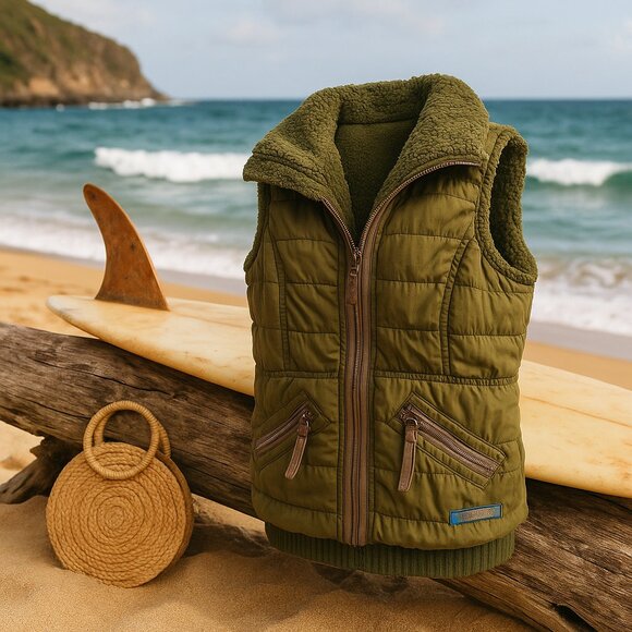 Billabong Olive Green Fleece-Lined Quilted Vest with Hood – Women’s M - Picture 1 of 14